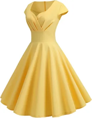 Womens Cap Sleeve 1950s Retro Vintage Cocktail Swing Dresses Elegant Pleated A-Line Midi Dress Evening Party Dress