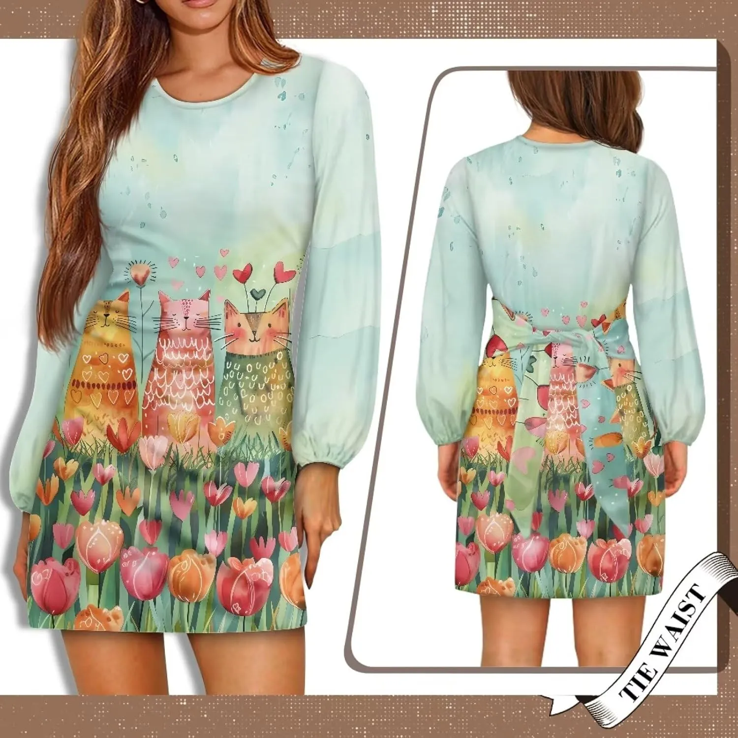 Womens Casual Dress Crewneck Long Sleeve A Line Mini Dresses Tie Waist Flowy Outfits Sexy Stylish Sundress