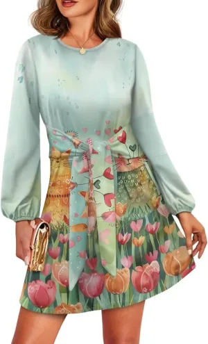 Womens Casual Dress Crewneck Long Sleeve A Line Mini Dresses Tie Waist Flowy Outfits Sexy Stylish Sundress