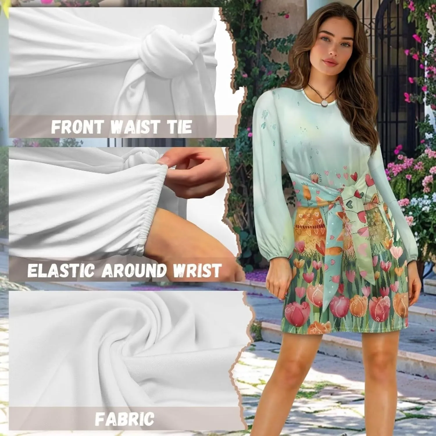 Womens Casual Dress Crewneck Long Sleeve A Line Mini Dresses Tie Waist Flowy Outfits Sexy Stylish Sundress