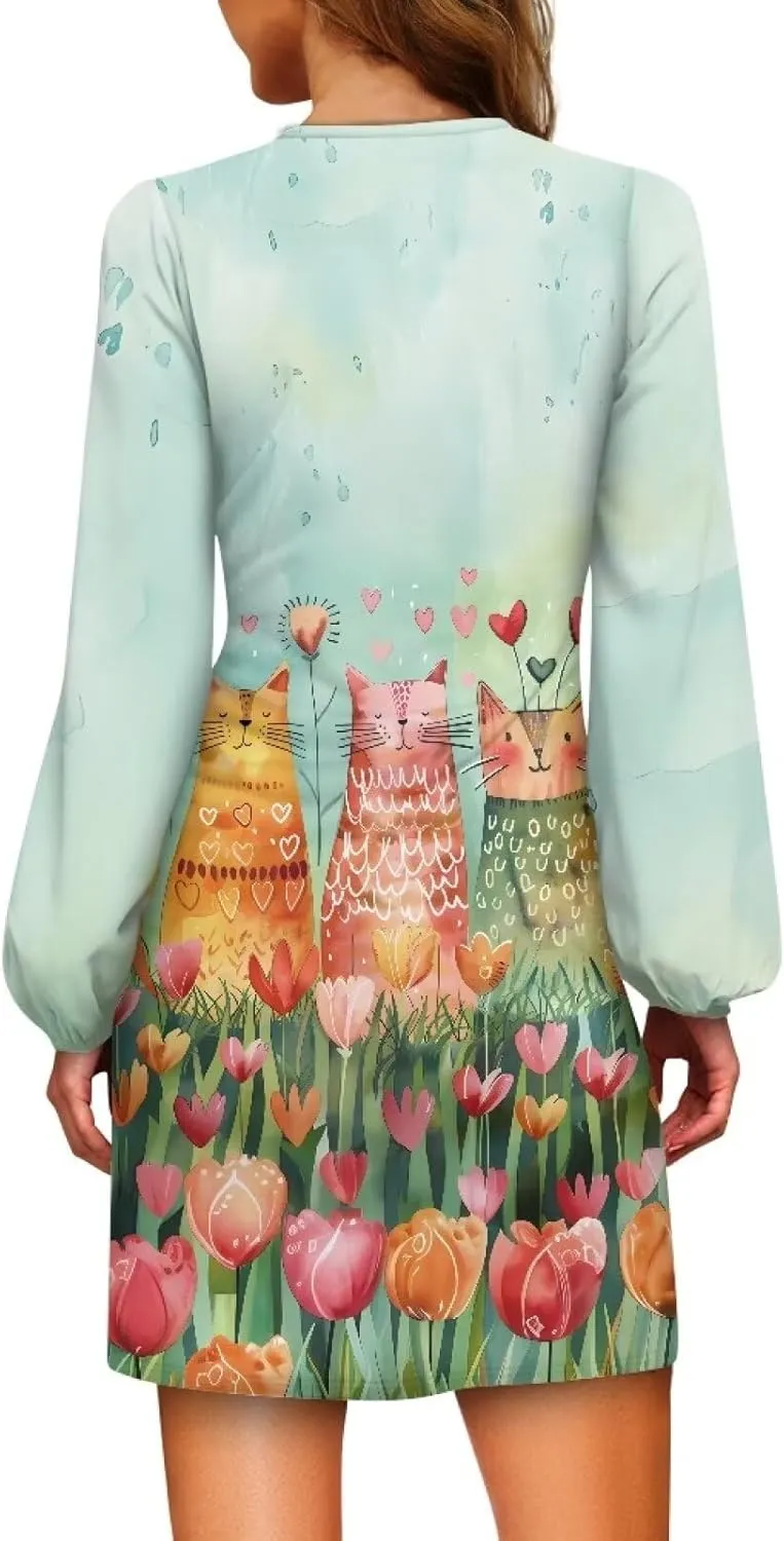 Womens Casual Dress Crewneck Long Sleeve A Line Mini Dresses Tie Waist Flowy Outfits Sexy Stylish Sundress
