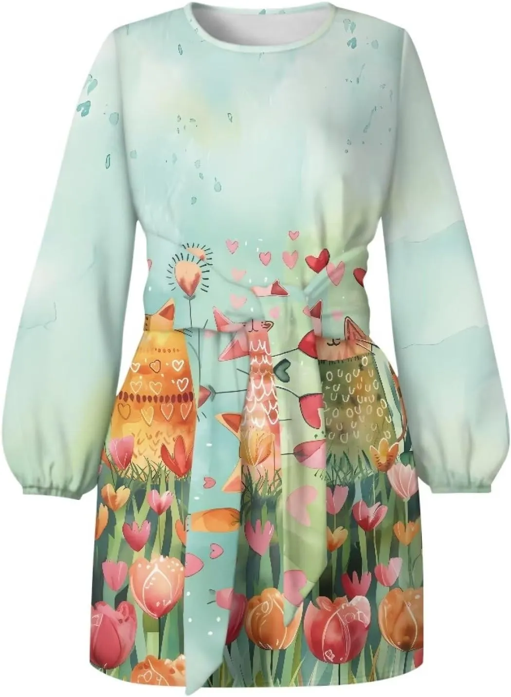 Womens Casual Dress Crewneck Long Sleeve A Line Mini Dresses Tie Waist Flowy Outfits Sexy Stylish Sundress