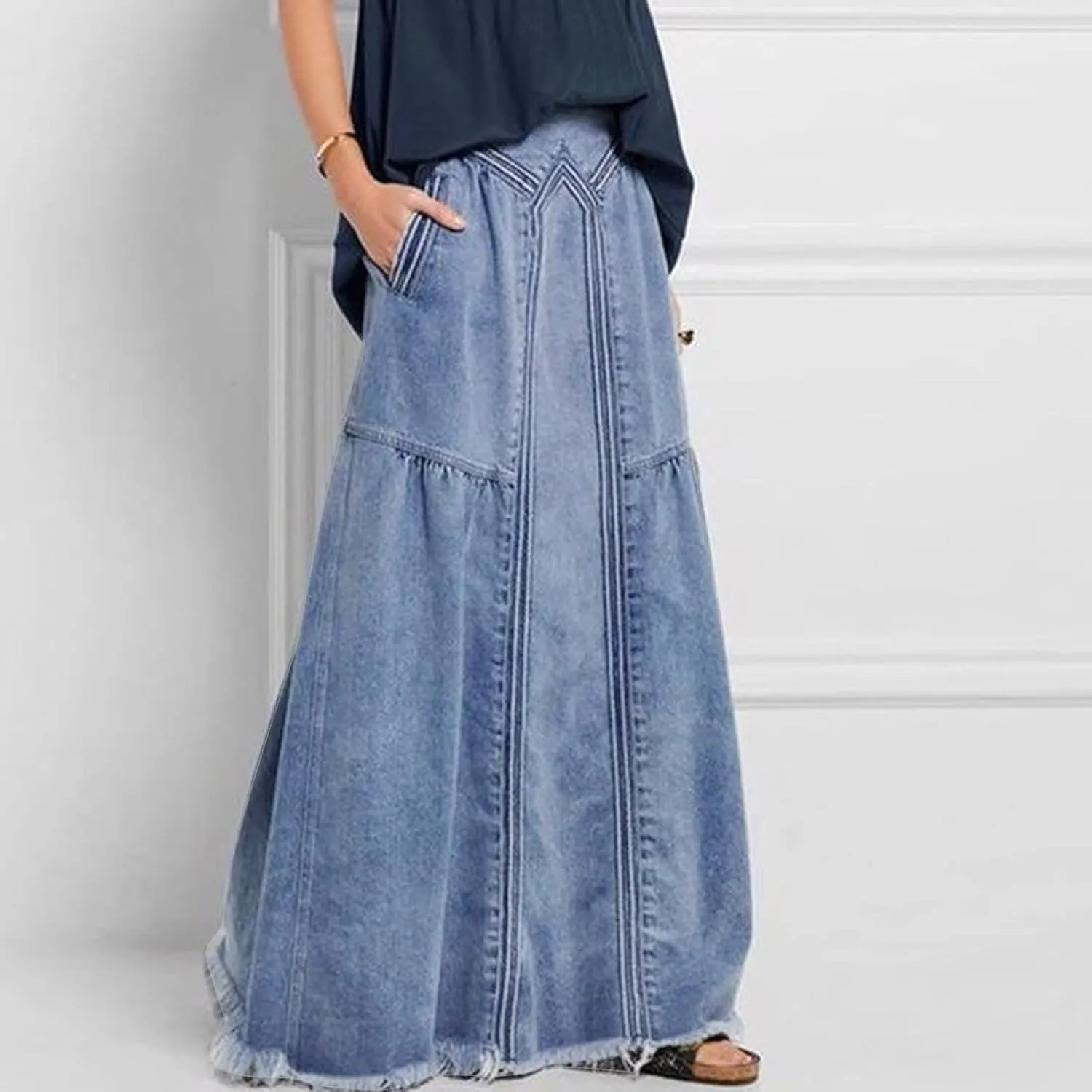 Women's Casual High Waist Denim Skirt Slim Fit A Line Jean Skirt Loose Pull On Maxi Skirt with Pockets
