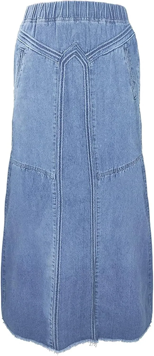 Women's Casual High Waist Denim Skirt Slim Fit A Line Jean Skirt Loose Pull On Maxi Skirt with Pockets