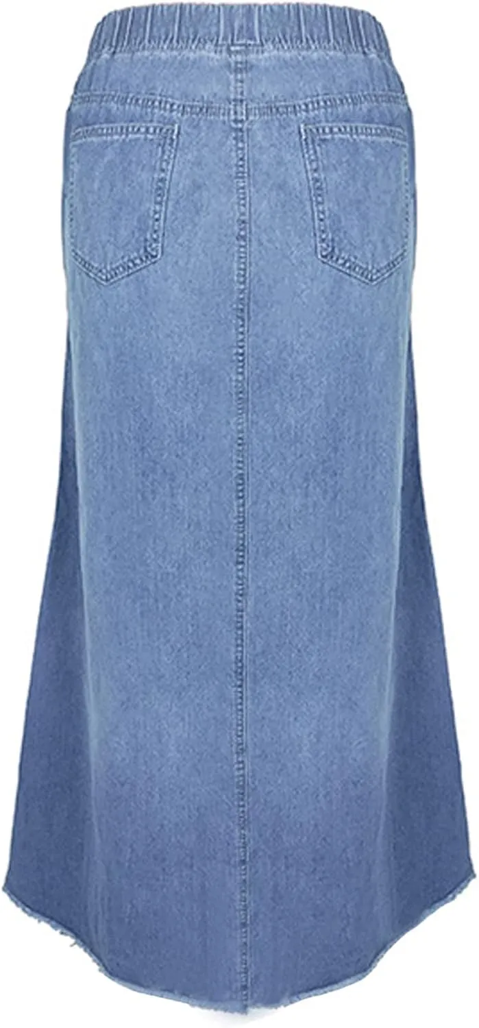 Women's Casual High Waist Denim Skirt Slim Fit A Line Jean Skirt Loose Pull On Maxi Skirt with Pockets