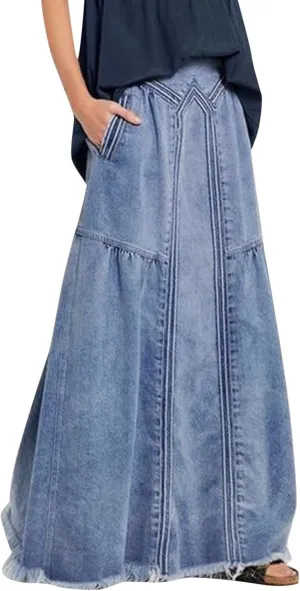 Women's Casual High Waist Denim Skirt Slim Fit A Line Jean Skirt Loose Pull On Maxi Skirt with Pockets