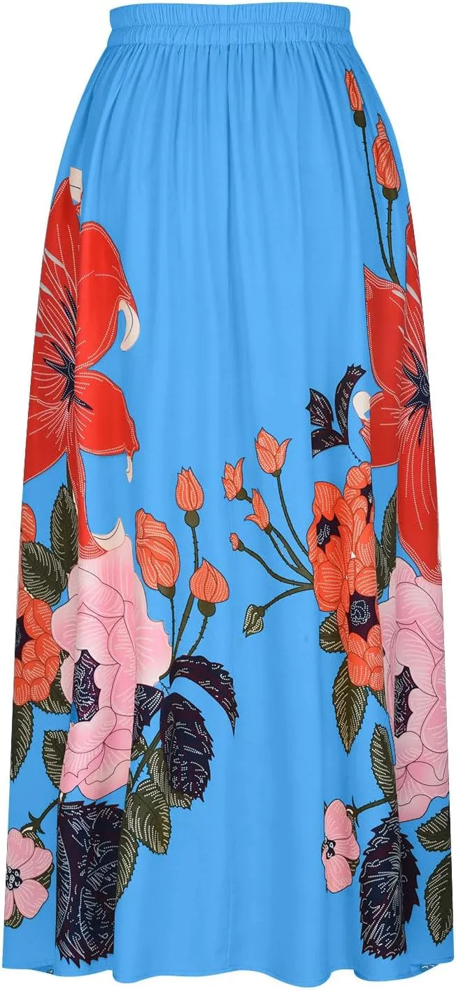 Womens Casual High Waist Skirts Vintage Boho Floral Print Loose Fit Pleated Swing Flowy Long Maxi Skirt with Pockets