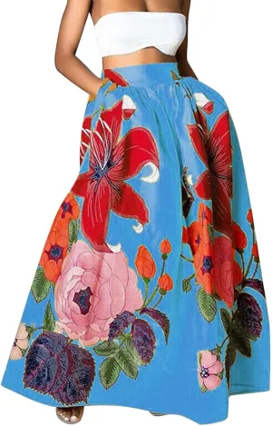 Womens Casual High Waist Skirts Vintage Boho Floral Print Loose Fit Pleated Swing Flowy Long Maxi Skirt with Pockets