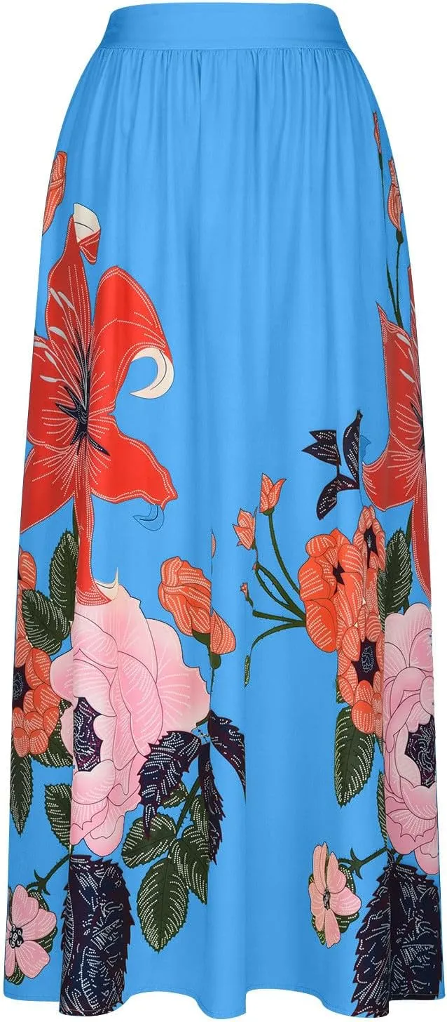 Womens Casual High Waist Skirts Vintage Boho Floral Print Loose Fit Pleated Swing Flowy Long Maxi Skirt with Pockets
