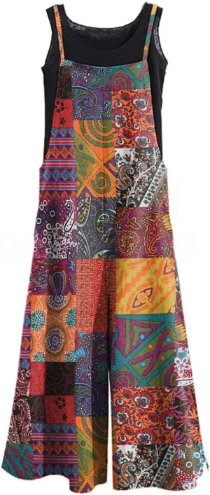 Women's Casual Loose Long Cotton Bib Overalls Baggy Linen Plus Size Jumpsuits Rompers Wide Leg Pants
