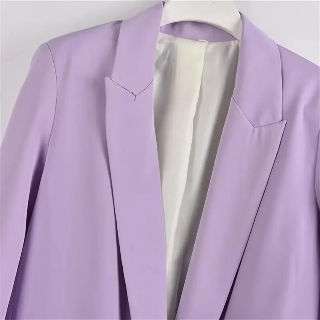 Women's Casual Notched Collar Blazers Pleated Sleeves Jacket without Buttons Solid Suit Coat