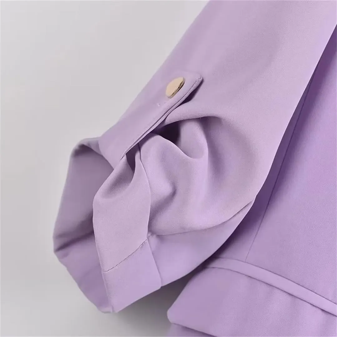 Women's Casual Notched Collar Blazers Pleated Sleeves Jacket without Buttons Solid Suit Coat