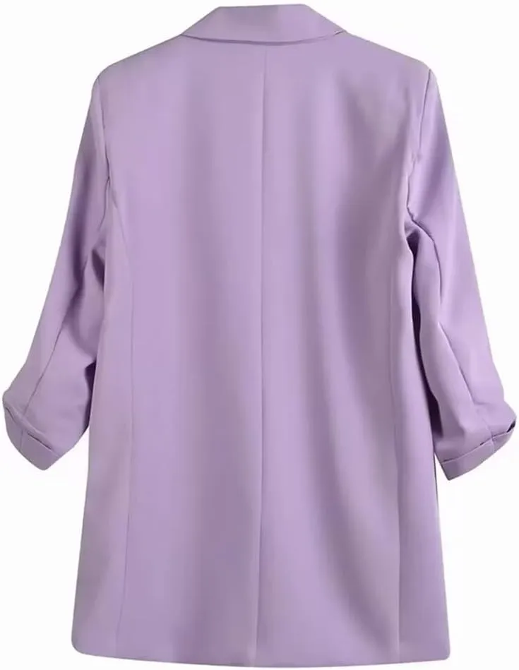 Women's Casual Notched Collar Blazers Pleated Sleeves Jacket without Buttons Solid Suit Coat