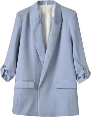 Women's Casual Notched Collar Blazers Pleated Sleeves Jacket without Buttons Solid Suit Coat