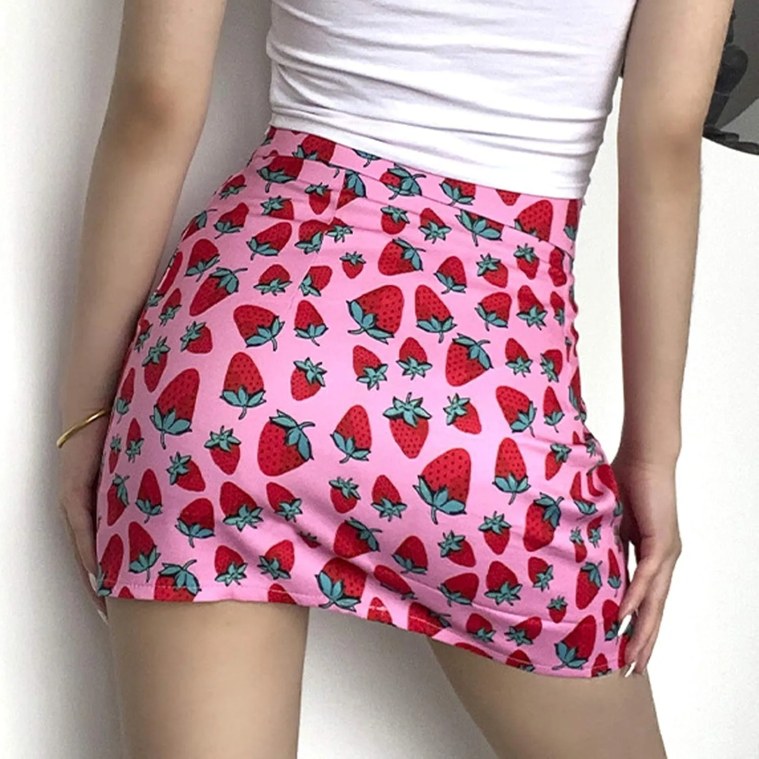 Women's Casual Strawberry Printing Skirt Slim Fit Bodycon Hip Wrap Skirt High Waist Side Split Short Skirt