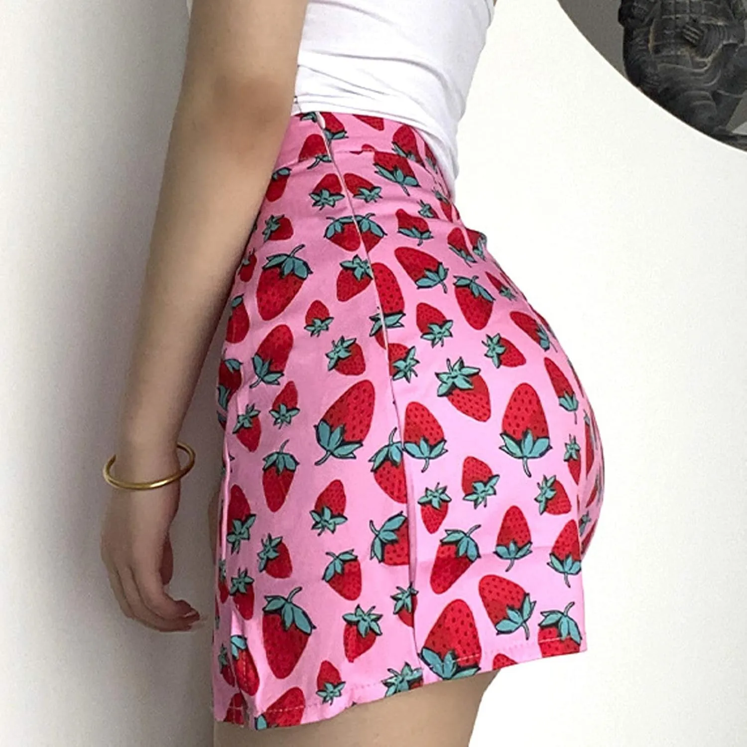 Women's Casual Strawberry Printing Skirt Slim Fit Bodycon Hip Wrap Skirt High Waist Side Split Short Skirt