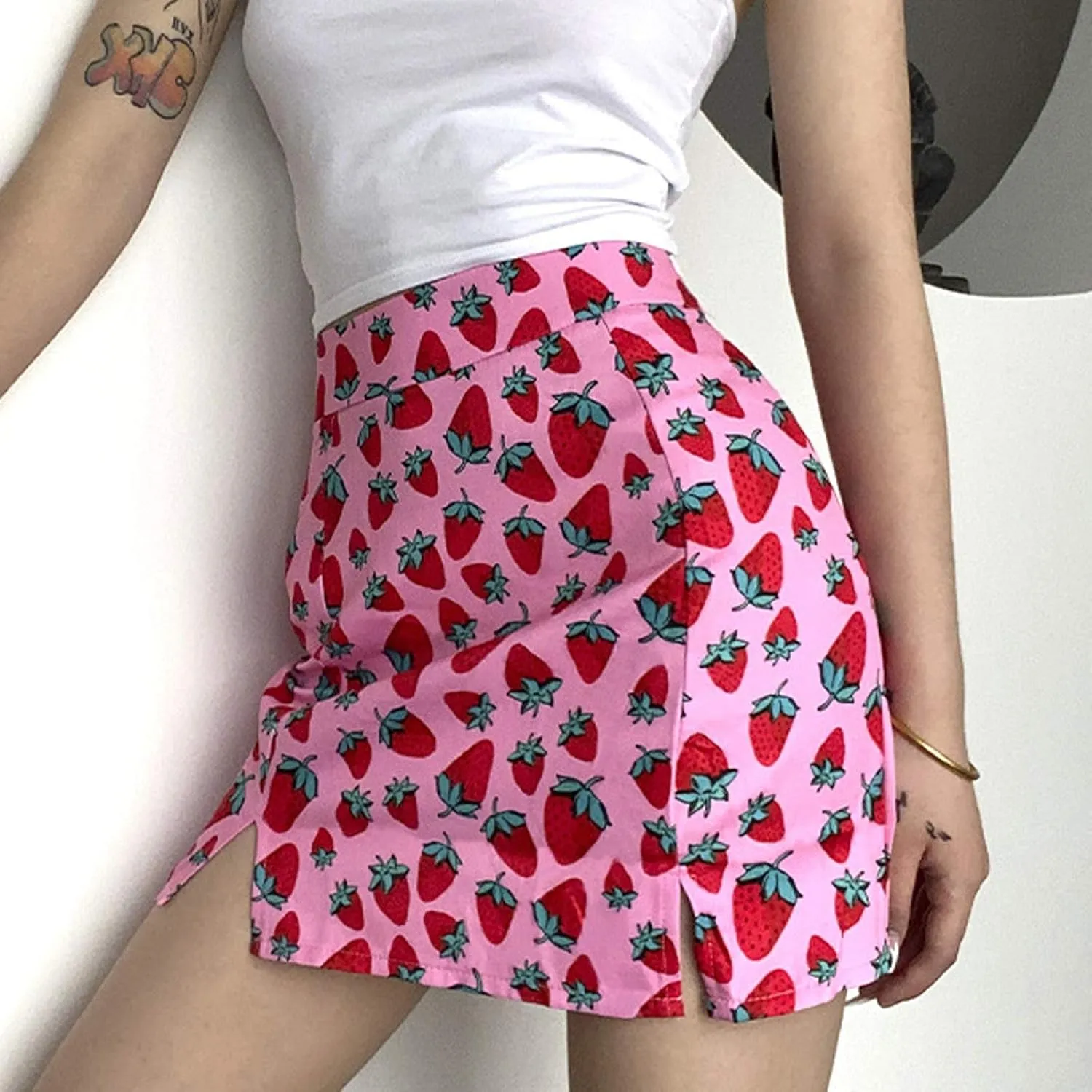 Women's Casual Strawberry Printing Skirt Slim Fit Bodycon Hip Wrap Skirt High Waist Side Split Short Skirt