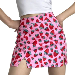 Women's Casual Strawberry Printing Skirt Slim Fit Bodycon Hip Wrap Skirt High Waist Side Split Short Skirt