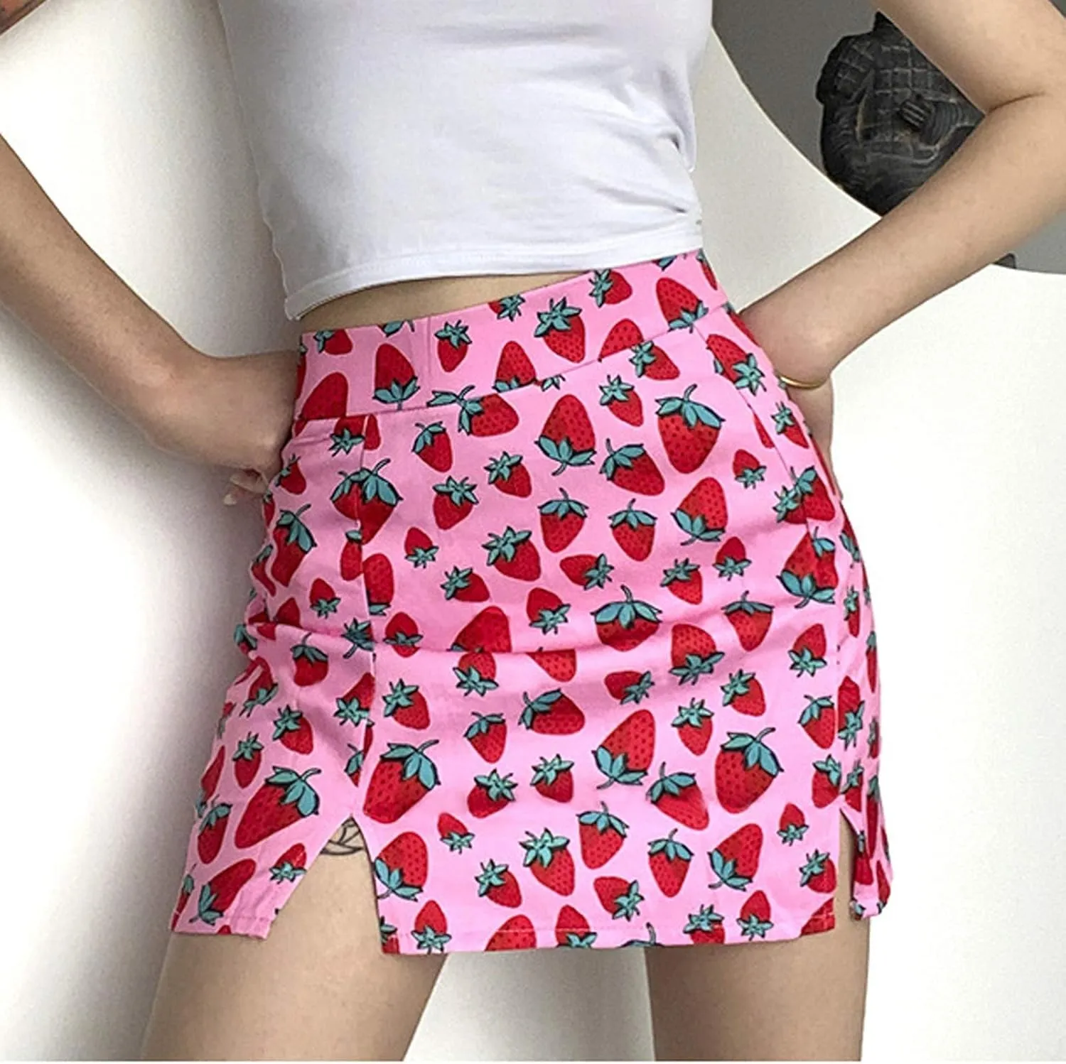 Women's Casual Strawberry Printing Skirt Slim Fit Bodycon Hip Wrap Skirt High Waist Side Split Short Skirt