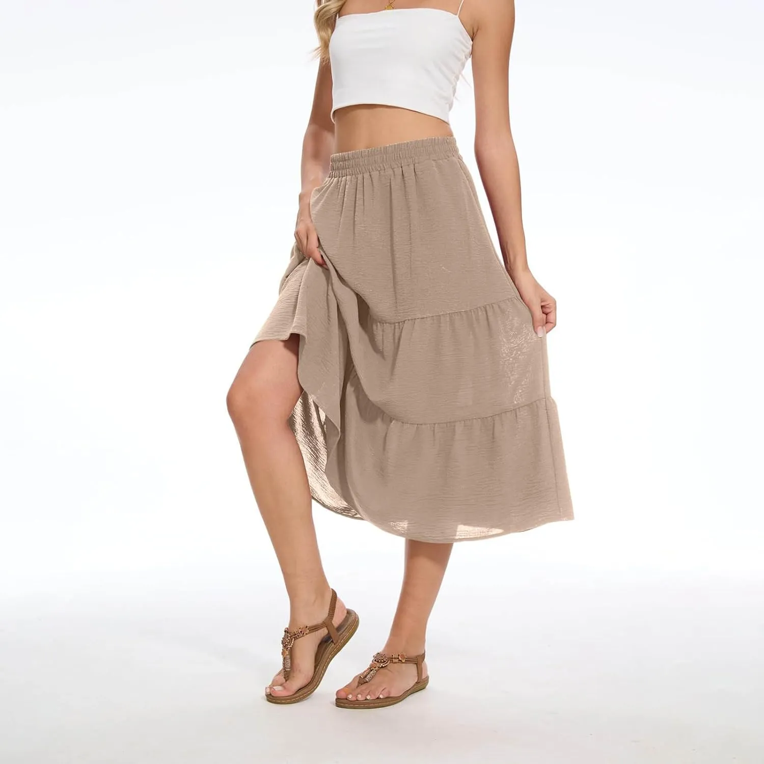Womens Casual Summer Skirts Comfy Tiered Midi Skirt Elastic Waist A Line Flowy Skirts Trendy Beach Skirt with Pockets