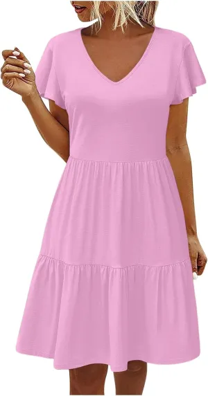 Women's Casual Tiered Dress Ruffle Cap Sleeve V Neck Mini Dresses Swing A-Line Summer Dress Bohemian Beach Dress