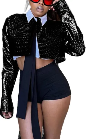 Women's Cropped Faux Leather Jacket Casual Long Sleeve Crewneck Open Front Short Coat Fall 2024 Fashion