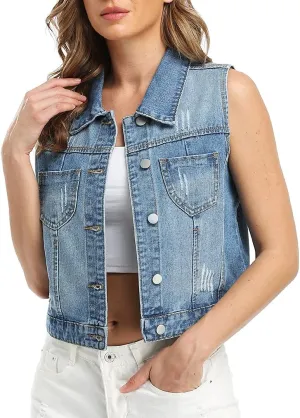 Womens Denim Jean Vest Classic Cropped Distressed Spread Collar Sleeveless Jean Jacket