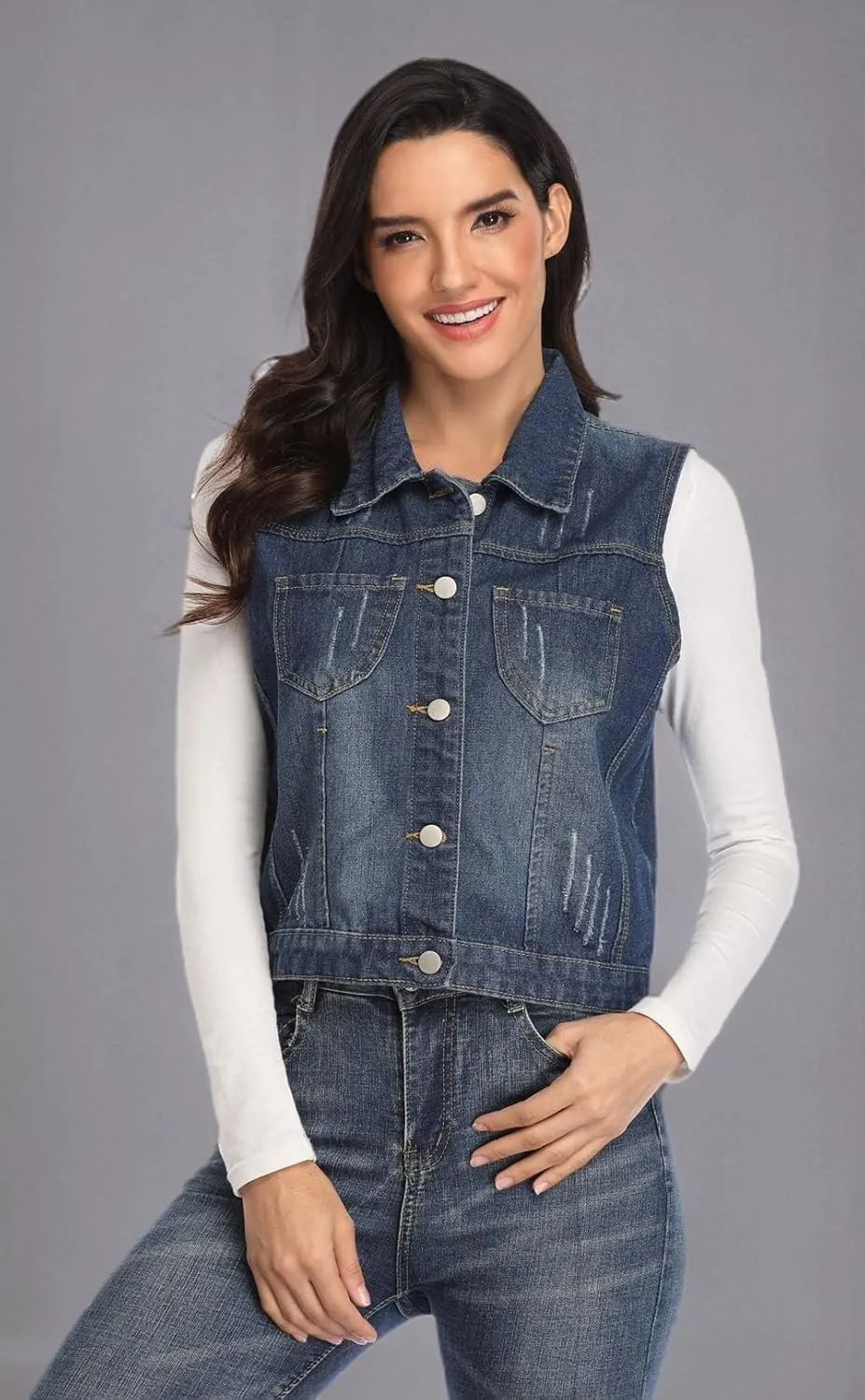 Womens Denim Jean Vest Classic Cropped Distressed Spread Collar Sleeveless Jean Jacket