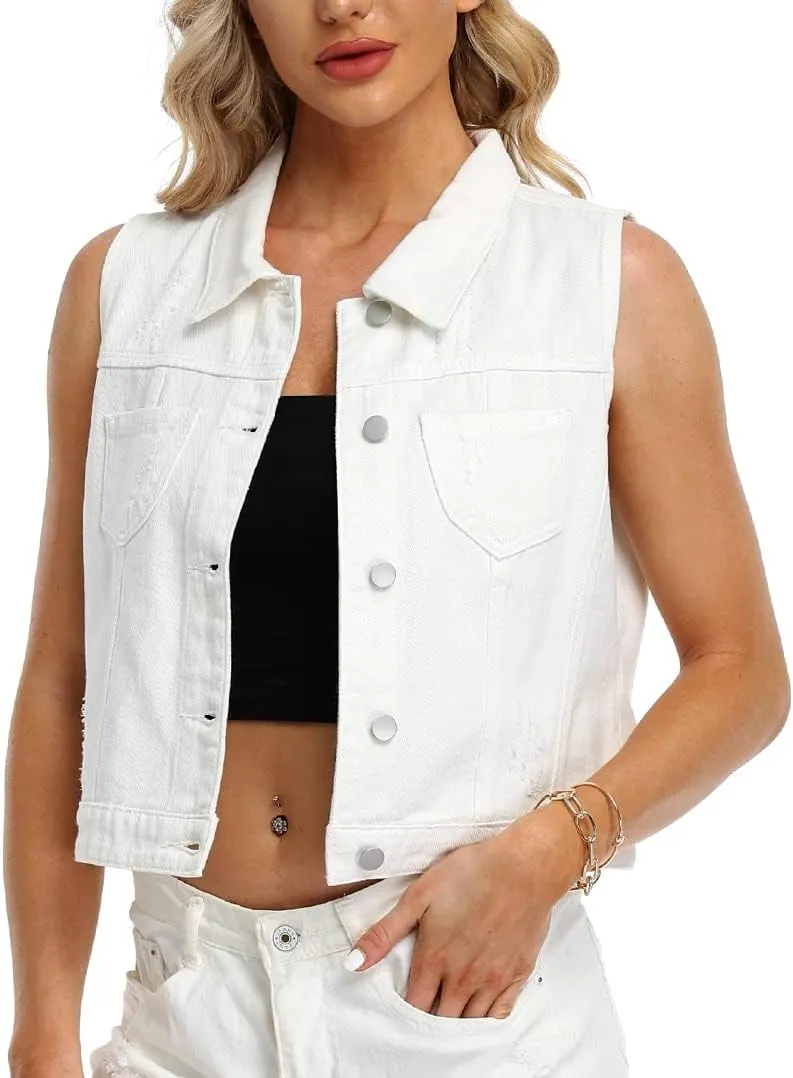 Womens Denim Jean Vest Classic Cropped Distressed Spread Collar Sleeveless Jean Jacket