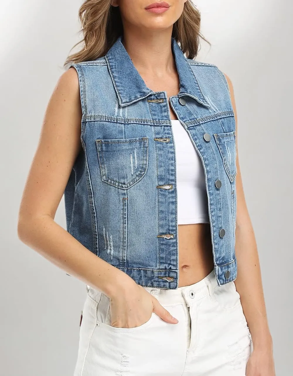 Womens Denim Jean Vest Classic Cropped Distressed Spread Collar Sleeveless Jean Jacket