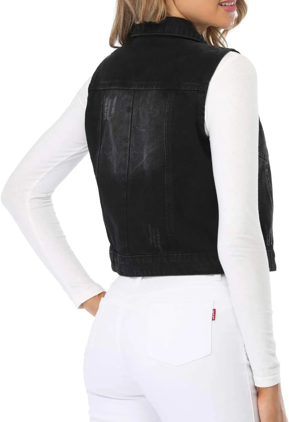 Womens Denim Jean Vest Classic Cropped Distressed Spread Collar Sleeveless Jean Jacket