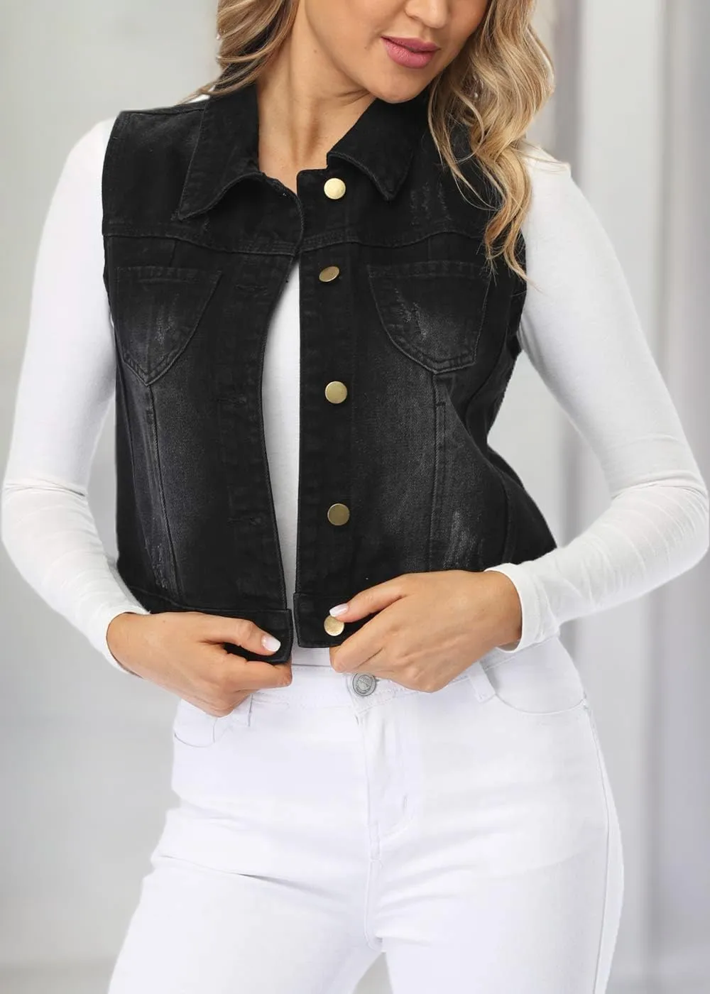 Womens Denim Jean Vest Classic Cropped Distressed Spread Collar Sleeveless Jean Jacket