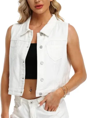 Womens Denim Jean Vest Classic Cropped Distressed Spread Collar Sleeveless Jean Jacket