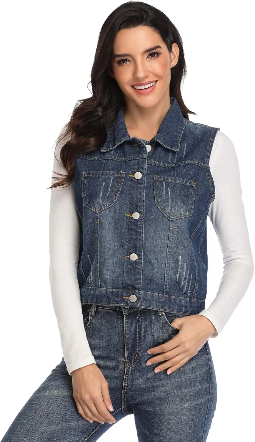Womens Denim Jean Vest Classic Cropped Distressed Spread Collar Sleeveless Jean Jacket