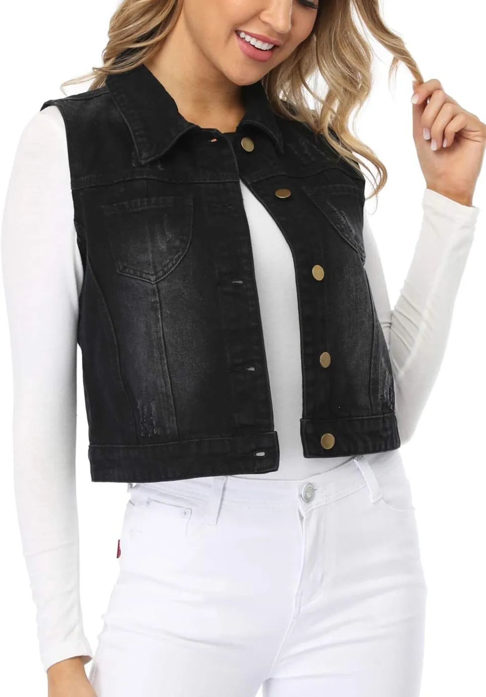 Womens Denim Jean Vest Classic Cropped Distressed Spread Collar Sleeveless Jean Jacket