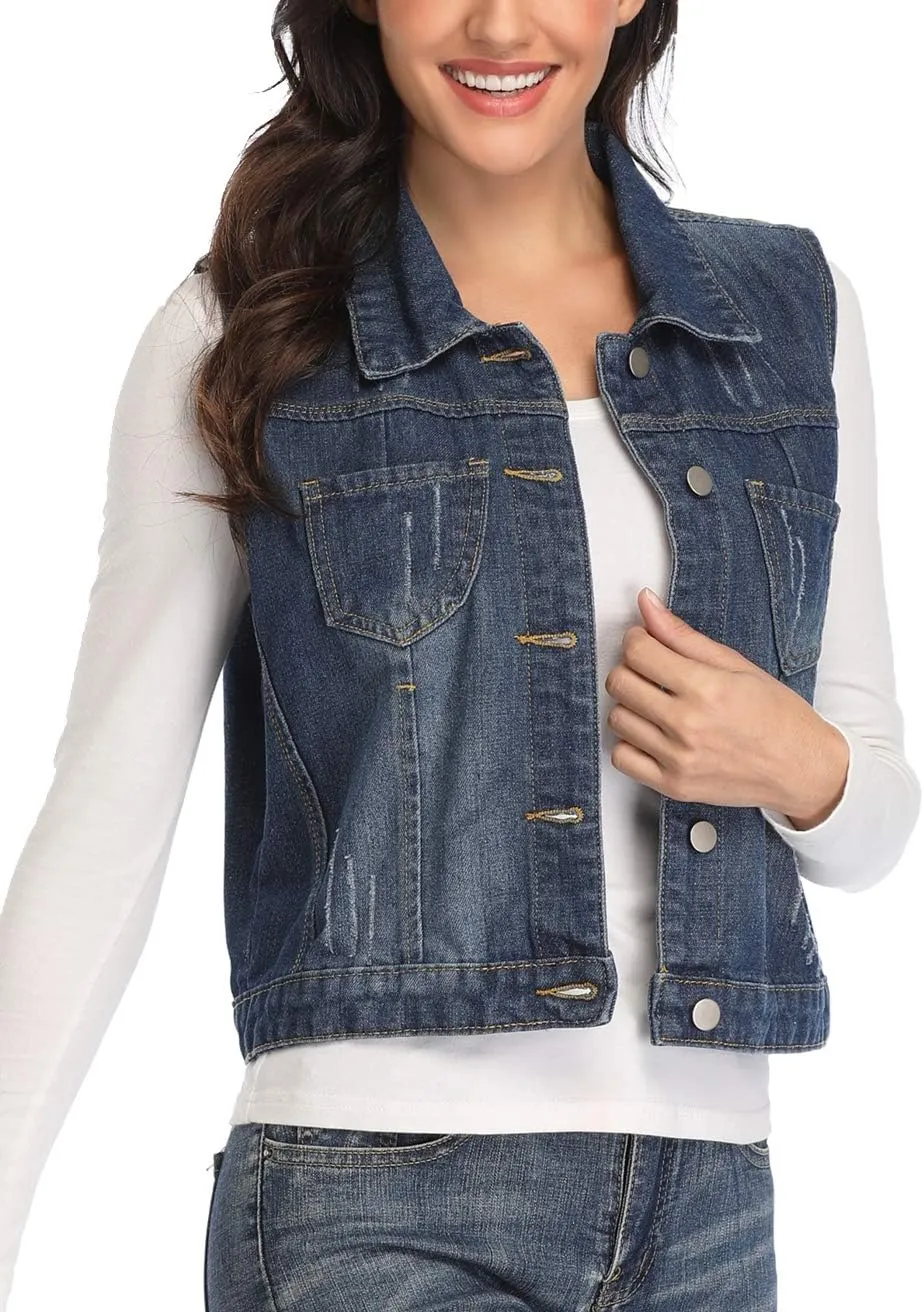Womens Denim Jean Vest Classic Cropped Distressed Spread Collar Sleeveless Jean Jacket
