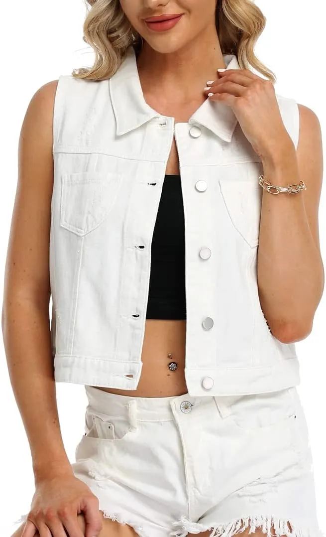 Womens Denim Jean Vest Classic Cropped Distressed Spread Collar Sleeveless Jean Jacket