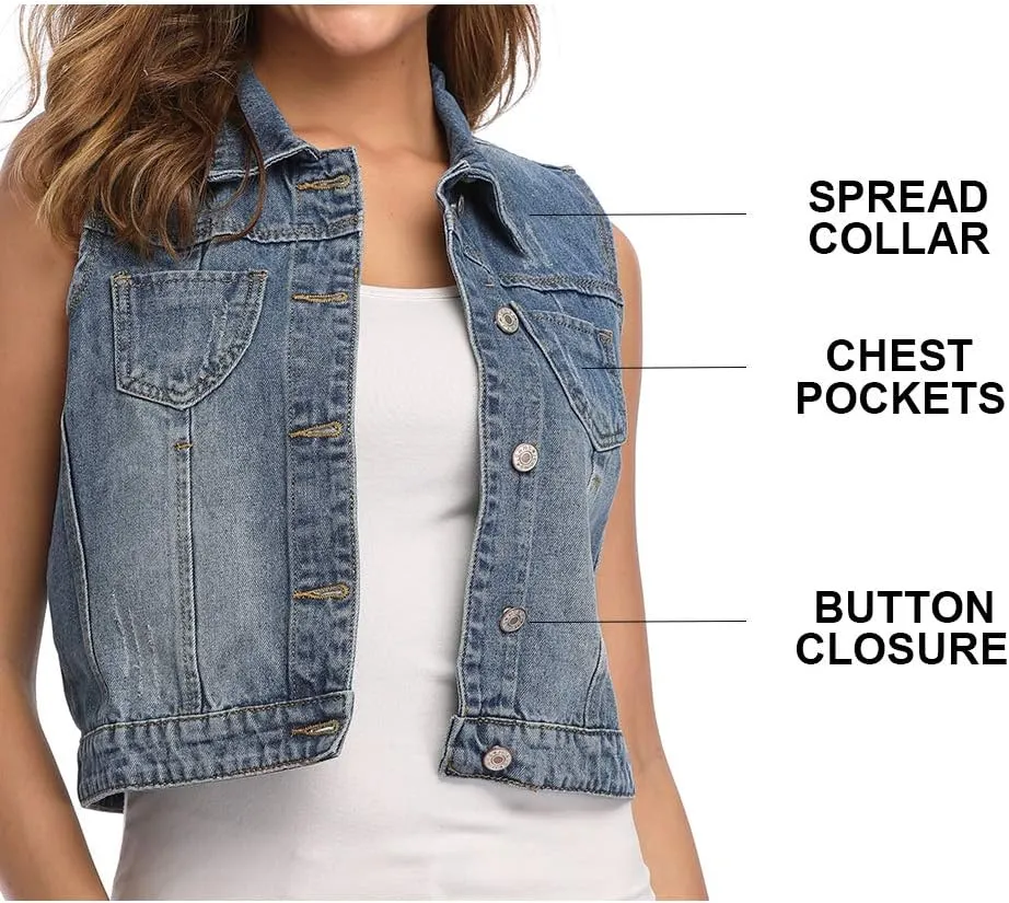 Womens Denim Jean Vest Classic Cropped Distressed Spread Collar Sleeveless Jean Jacket