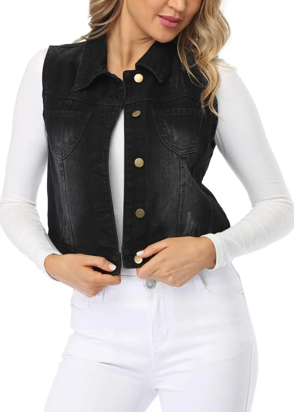 Womens Denim Jean Vest Classic Cropped Distressed Spread Collar Sleeveless Jean Jacket