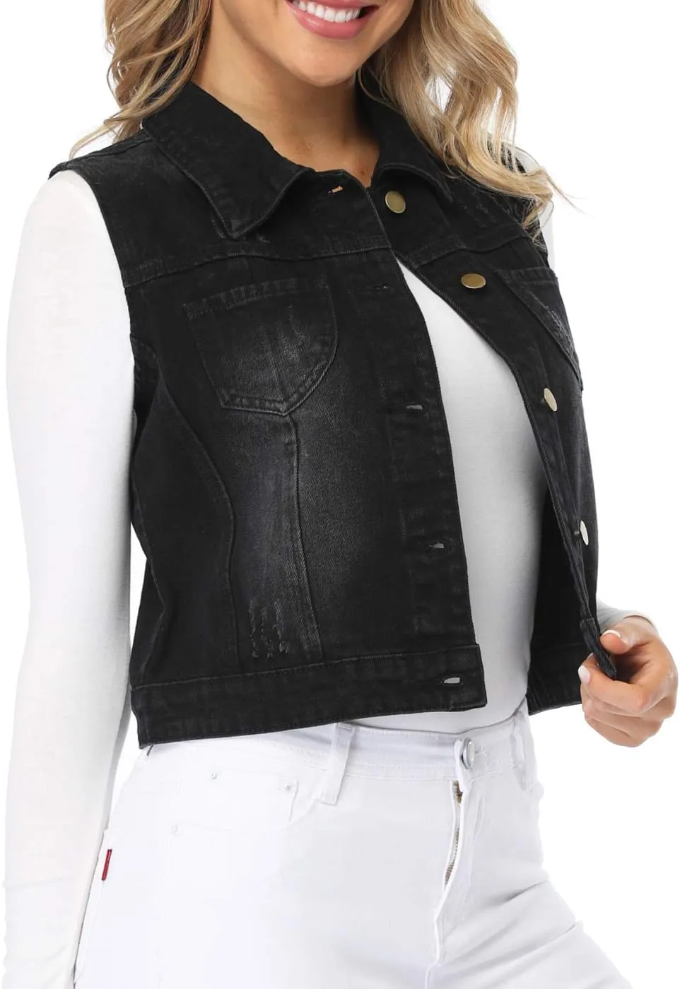 Womens Denim Jean Vest Classic Cropped Distressed Spread Collar Sleeveless Jean Jacket