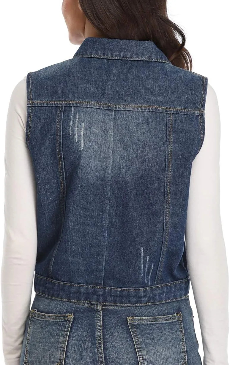 Womens Denim Jean Vest Classic Cropped Distressed Spread Collar Sleeveless Jean Jacket