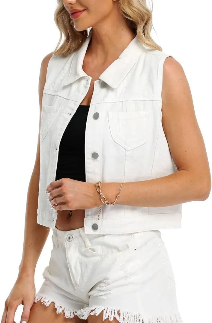 Womens Denim Jean Vest Classic Cropped Distressed Spread Collar Sleeveless Jean Jacket