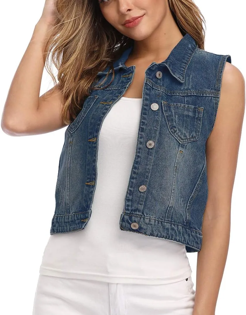 Womens Denim Jean Vest Classic Cropped Distressed Spread Collar Sleeveless Jean Jacket