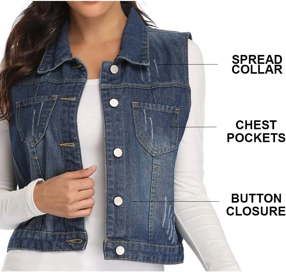 Womens Denim Jean Vest Classic Cropped Distressed Spread Collar Sleeveless Jean Jacket