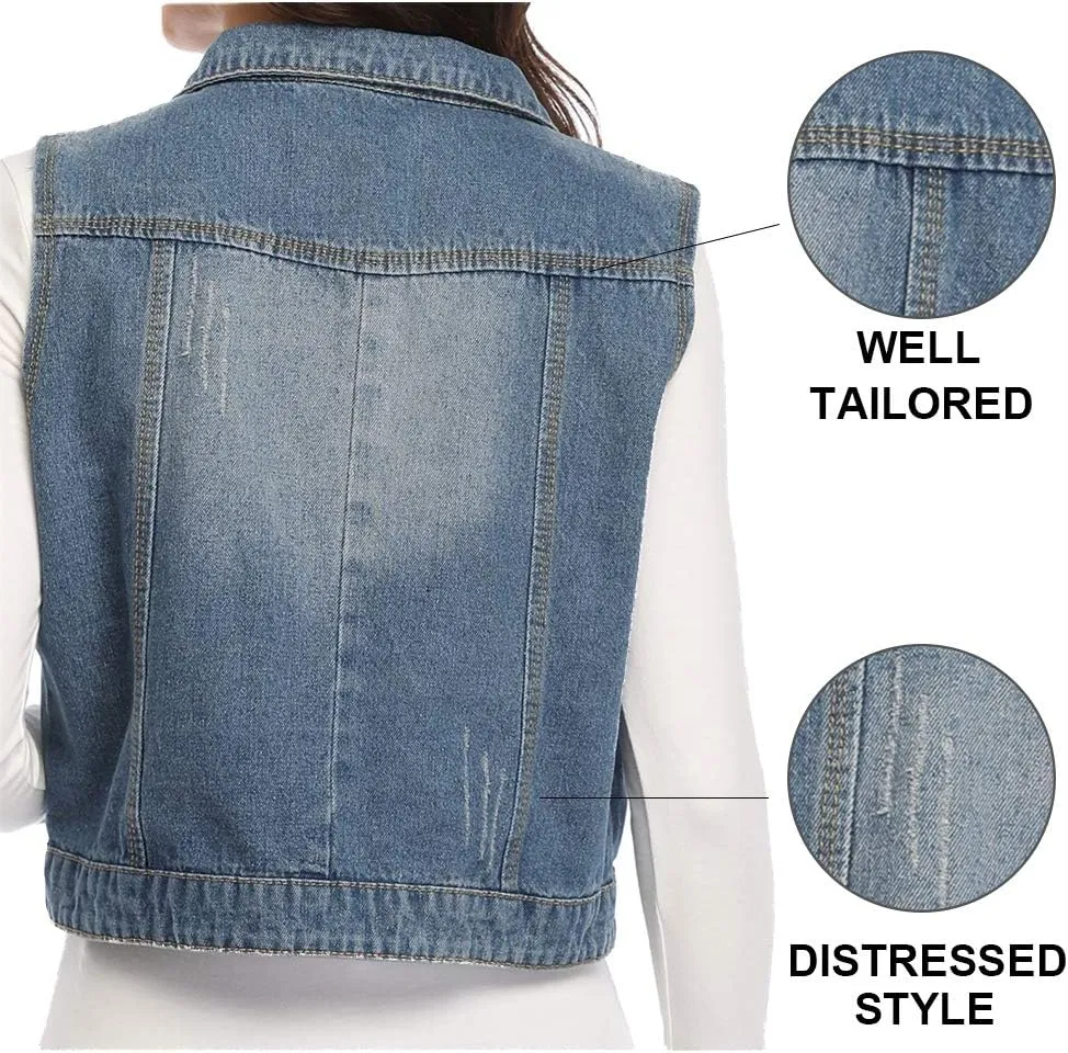 Womens Denim Jean Vest Classic Cropped Distressed Spread Collar Sleeveless Jean Jacket