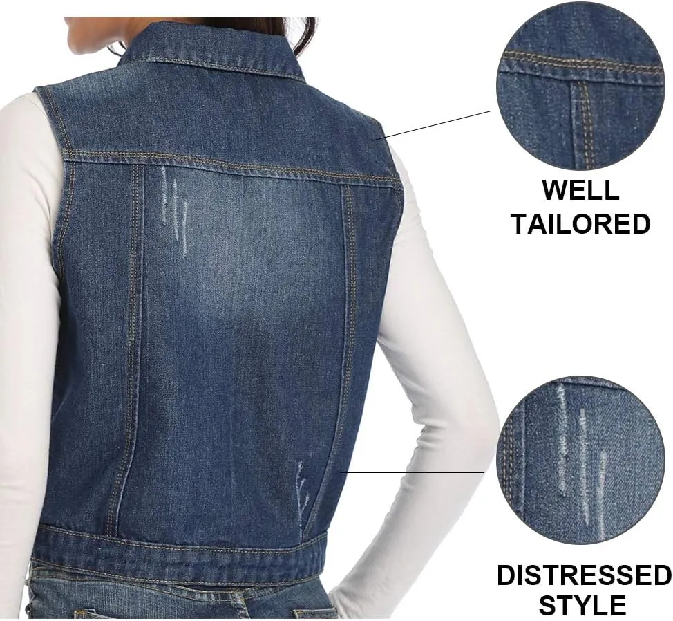 Womens Denim Jean Vest Classic Cropped Distressed Spread Collar Sleeveless Jean Jacket
