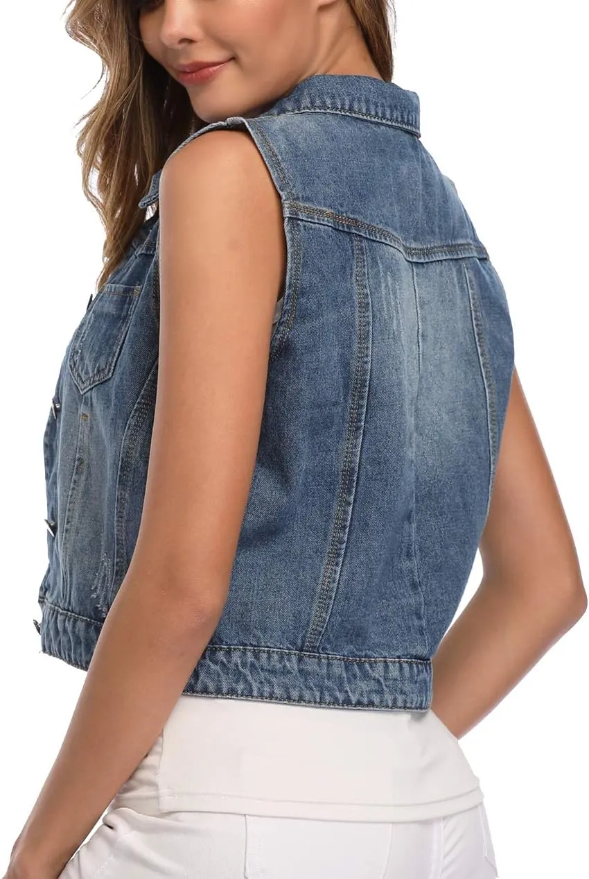 Womens Denim Jean Vest Classic Cropped Distressed Spread Collar Sleeveless Jean Jacket