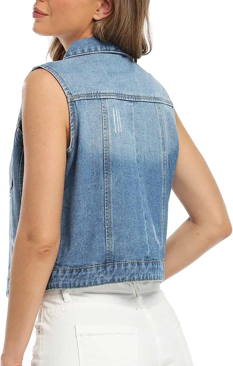 Womens Denim Jean Vest Classic Cropped Distressed Spread Collar Sleeveless Jean Jacket