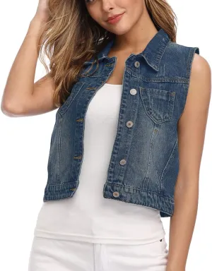 Womens Denim Jean Vest Classic Cropped Distressed Spread Collar Sleeveless Jean Jacket