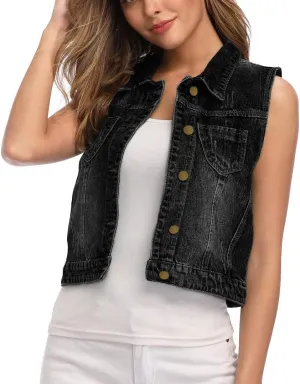 Womens Denim Jean Vest Classic Cropped Distressed Spread Collar Sleeveless Jean Jacket